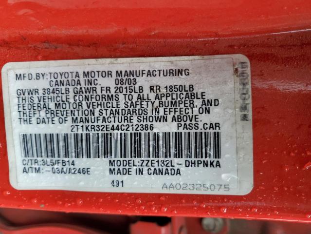 2T1KR32E44C212386 - 2004 TOYOTA COROLLA MA XR RED photo 12