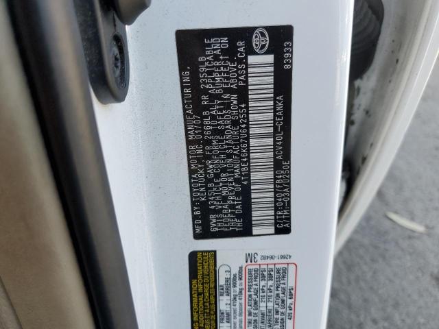 4T1BE46K67U642554 - 2007 TOYOTA CAMRY CE WHITE photo 12