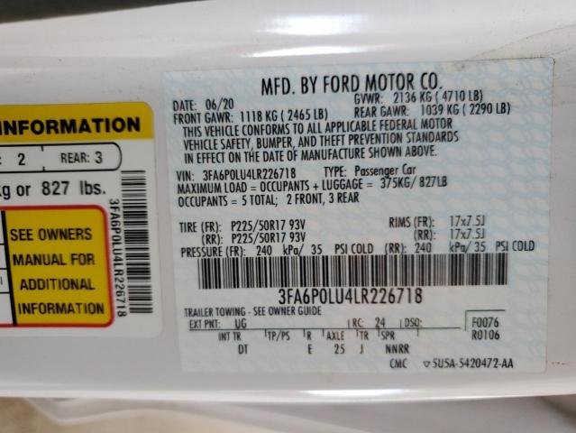 3FA6P0LU4LR226718 - 2020 FORD FUSION SE WHITE photo 12