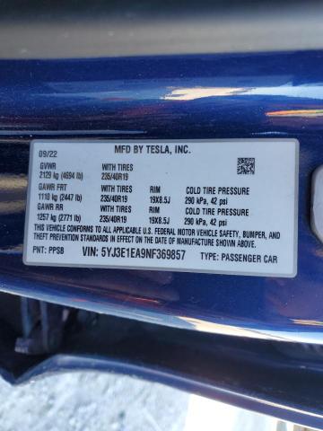 5YJ3E1EA9NF369857 - 2022 TESLA MODEL 3 BLUE photo 12