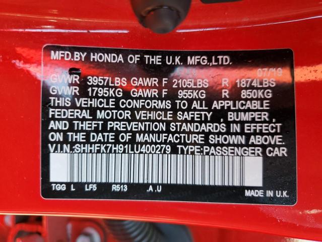 SHHFK7H91LU400279 - 2020 HONDA CIVIC SPORT TOURING أحمر صورة 12