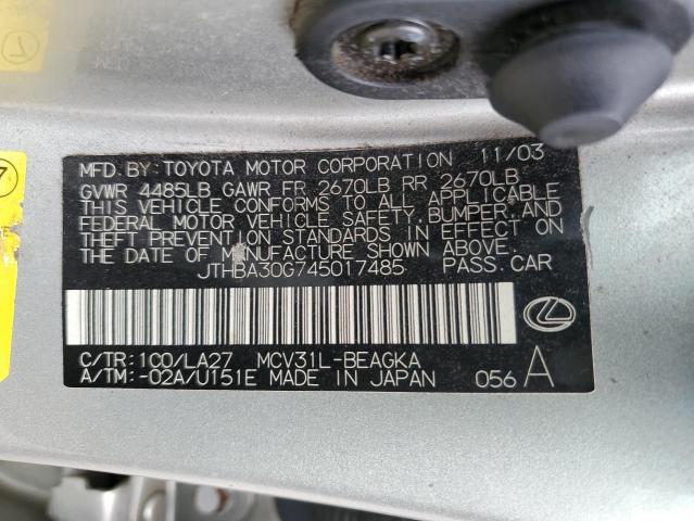 JTHBA30G745017485 - 2004 LEXUS ES 330 SILVER photo 12