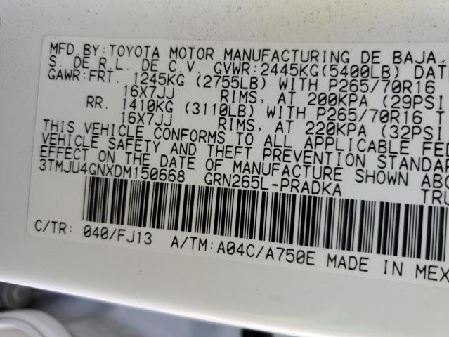 3TMJU4GNXDM150668 - 2013 TOYOTA TACOMA DOUBLE CAB PRERUNNER WHITE photo 12