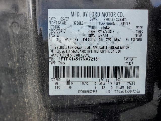 1FTPX14517NA72151 - 2007 FORD F150 BLACK photo 12