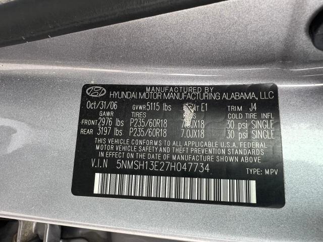 5NMSH13E27H047734 - 2007 HYUNDAI SANTA FE SE GRAY photo 10