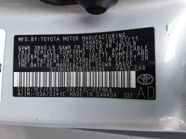 2T1BU4EE7BC552094 - 2011 TOYOTA COROLLA BASE SILVER photo 12