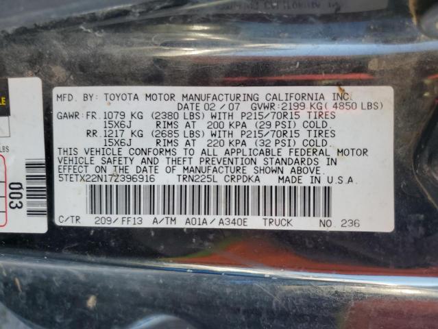 5TETX22N17Z396916 - 2007 TOYOTA TACOMA ACCESS CAB შავი ფოტო 12