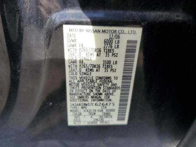 5N1AR18W17C626475 - 2007 NISSAN PATHFINDER LE BLACK photo 12