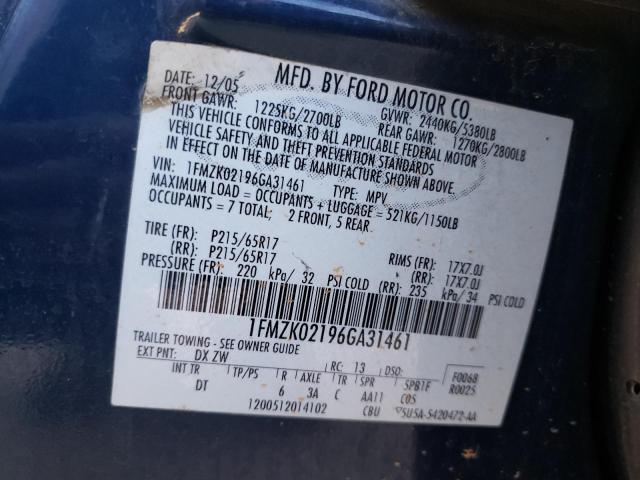 1FMZK02196GA31461 - 2006 FORD FREESTYLE SEL BLUE photo 12