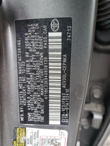 4T1BE32K94U808139 - 2004 TOYOTA CAMRY LE ნაცრისფერი ფოტო 12