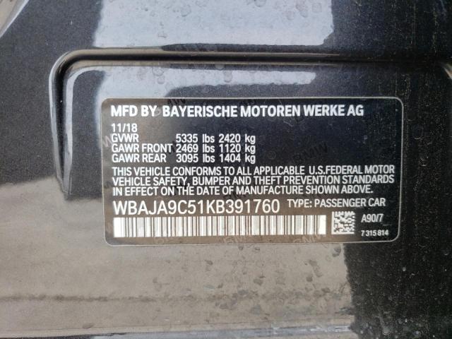 WBAJA9C51KB391760 - 2019 BMW 530E GRAY photo 12