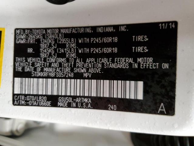 5TDKKRFH8FS057248 - 2015 TOYOTA HIGHLANDER XLE თეთრი ფოტო 12