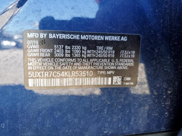5UXTR7C54KLR53510 - 2019 BMW X3 SDRIVE30I BLUE photo 12