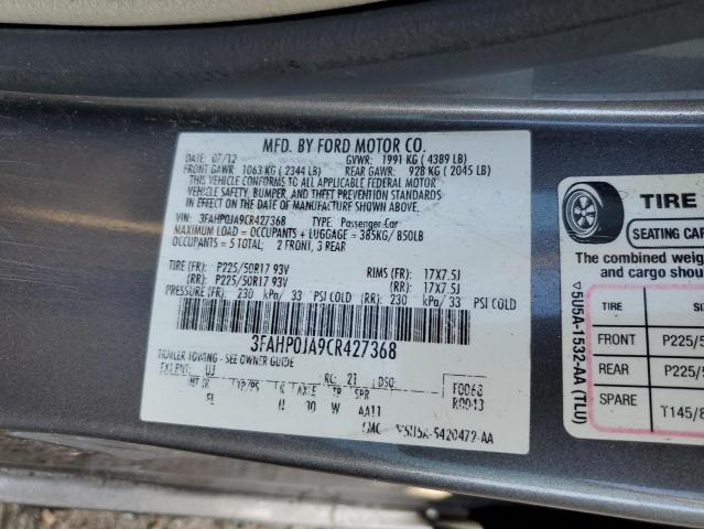 3FAHP0JA9CR427368 - 2012 FORD FUSION SEL GRAY photo 12