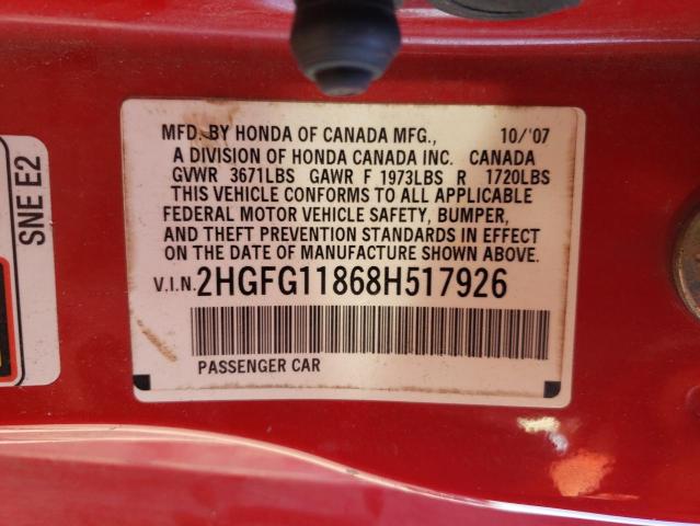 2HGFG11868H517926 - 2008 HONDA CIVIC EX RED photo 12