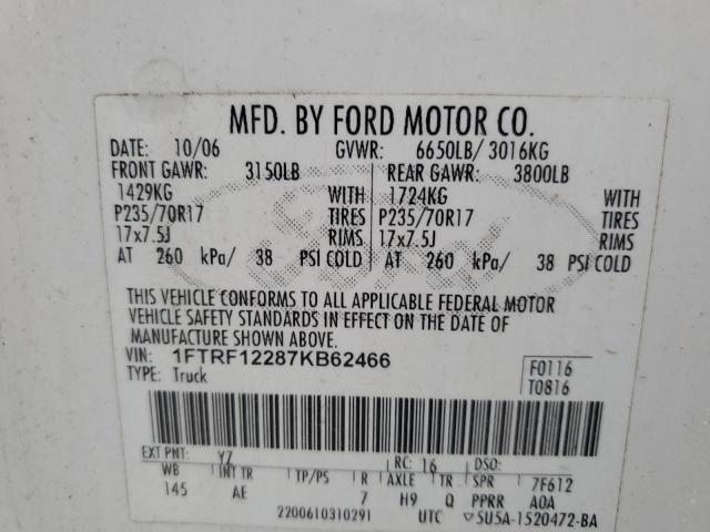 1FTRF12287KB62466 - 2007 FORD F150 WHITE photo 12