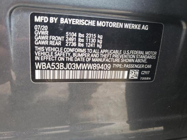 WBA53BJ03MWW89409 - 2021 BMW 540 I BLUE photo 12