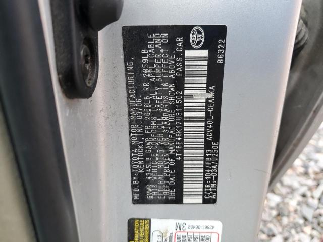 4T1BE46K17U511502 - 2007 TOYOTA CAMRY CE GRAY photo 12