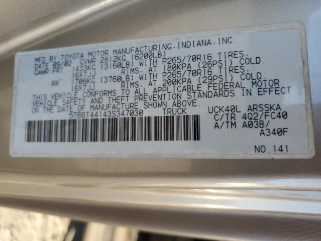 5TBBT44143S347030 - 2003 TOYOTA TUNDRA ACCESS CAB SR5 TAN photo 12