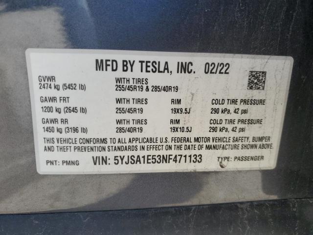 5YJSA1E53NF471133 - 2022 TESLA MODEL S GRAY photo 12