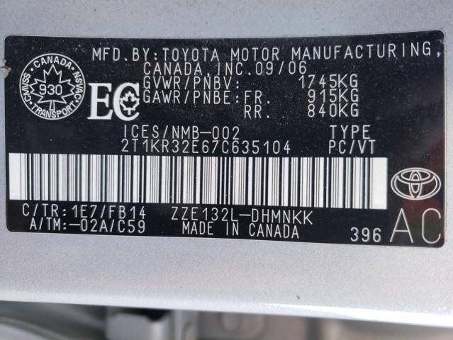 2T1KR32E67C635104 - 2007 TOYOTA COROLLA MA XR SILVER photo 13