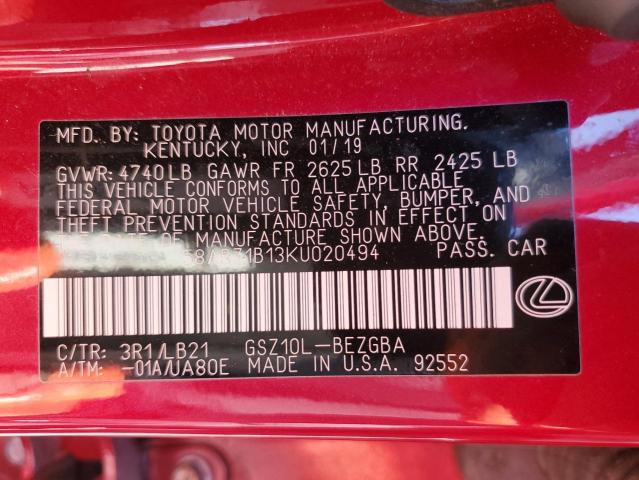 58ABZ1B13KU020494 - 2019 LEXUS ES 350 RED photo 12