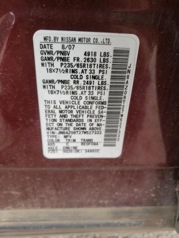 JN8AZ08T27W527333 - 2007 NISSAN MURANO SL BURGUNDY photo 13