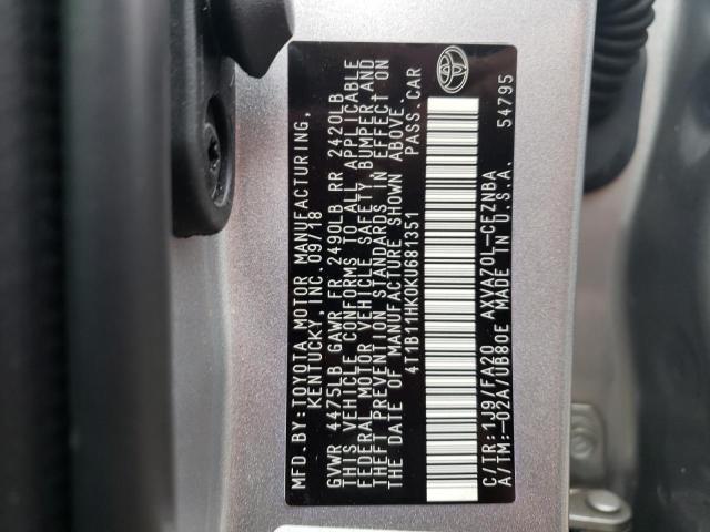 4T1B11HK0KU681351 - 2019 TOYOTA CAMRY L SILVER photo 12