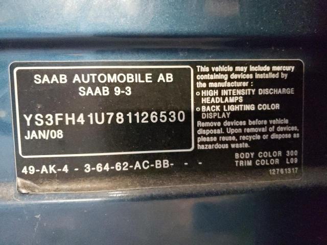 YS3FH41U781126530 - 2008 SAAB 9-3 AERO BLUE photo 12