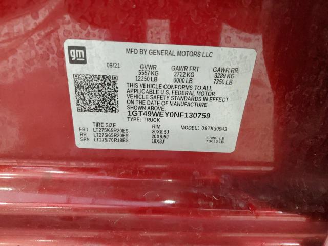 1GT49WEY0NF130759 - 2022 GMC SIERRA K3500 DENALI RED photo 12