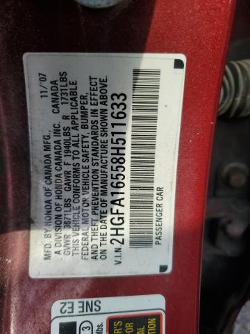 2HGFA16558H511633 - 2008 HONDA CIVIC LX RED photo 12