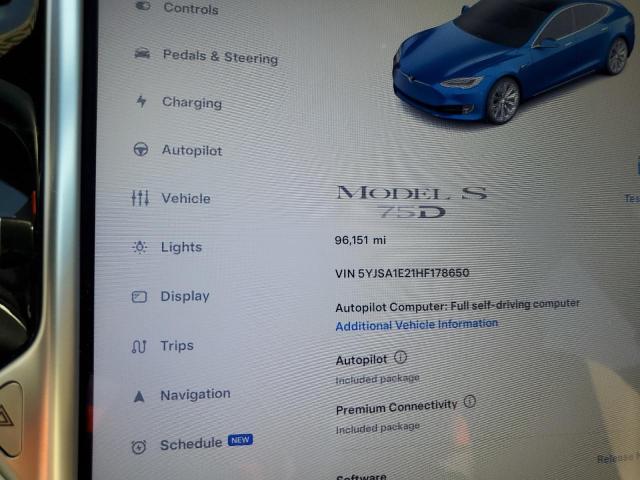 5YJSA1E21HF178650 - 2017 TESLA MODEL S ლურჯი ფოტო 9