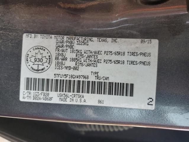 5TFUY5F18GX497968 - 2016 TOYOTA TUNDRA DOUBLE CAB SR/SR5 GRAY photo 12