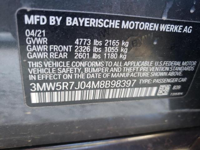 3MW5R7J04M8B98397 - 2021 BMW 330XI GRAY photo 12