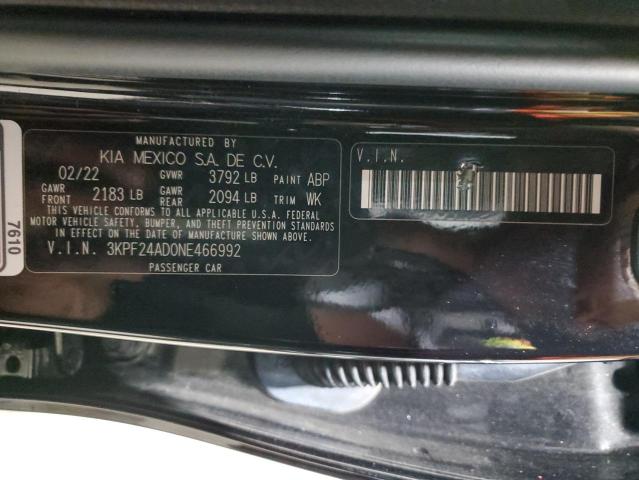 3KPF24AD0NE466992 - 2022 KIA FORTE FE BLACK photo 12