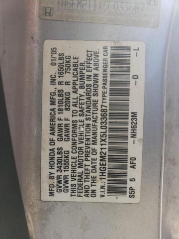 1HGEM211X5L033687 - 2005 HONDA CIVIC DX VP ვერცხლისფერი ფოტო 12
