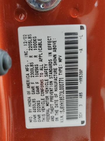 5J6YH18573L000771 - 2003 HONDA ELEMENT EX ORANGE photo 13