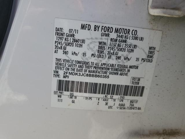 2FMDK3JC8BBB60355 - 2011 FORD EDGE SEL WHITE photo 13