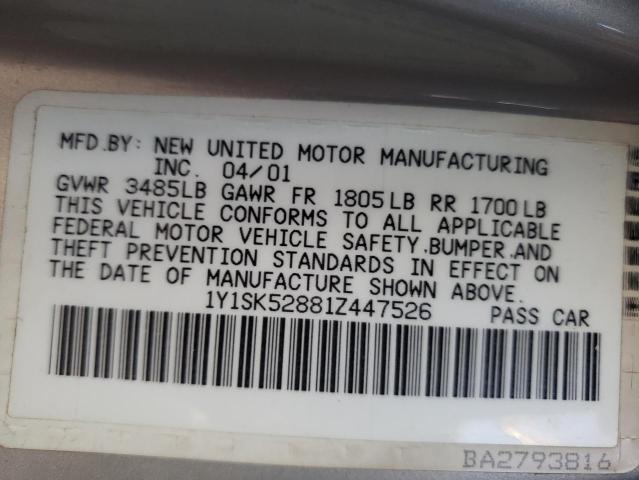 1Y1SK52881Z447526 - 2001 CHEVROLET GEO PRIZM BASE SILVER photo 12