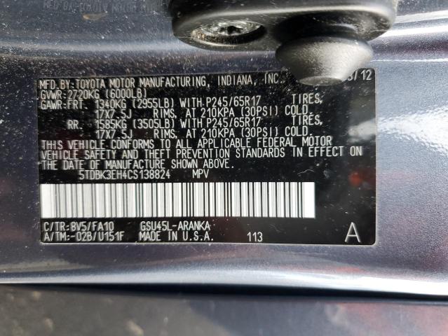 5TDBK3EH4CS138824 - 2012 TOYOTA HIGHLANDER BASE Көк фото 13