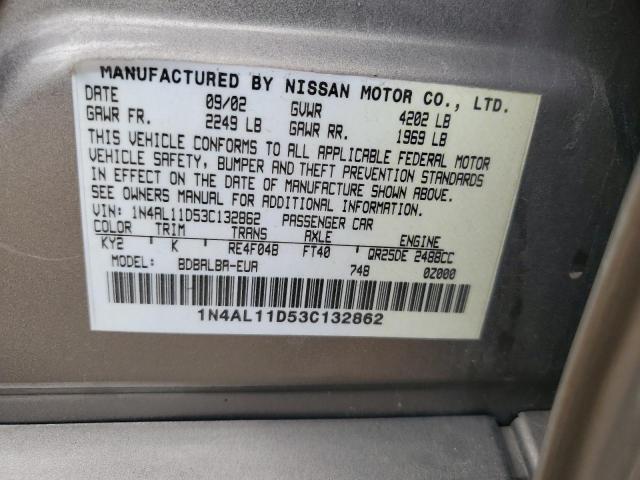 1N4AL11D53C132862 - 2003 NISSAN ALTIMA BASE TAN photo 12