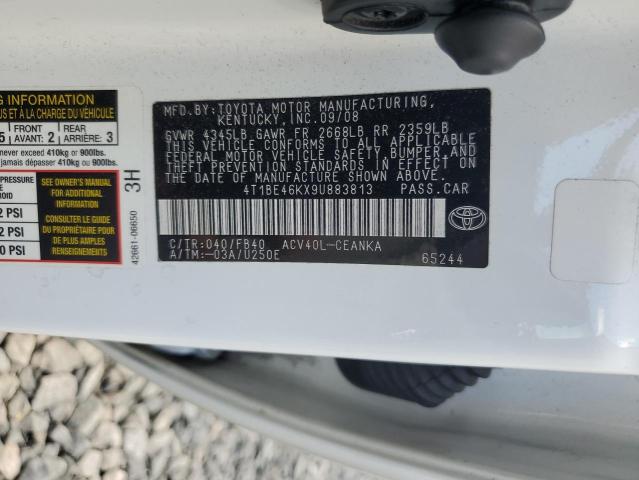 4T1BE46KX9U883813 - 2009 TOYOTA CAMRY BASE WHITE photo 12