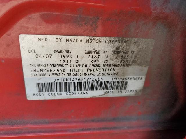 JM1BK143671743604 - 2007 MAZDA 3 HATCHBACK RED photo 12