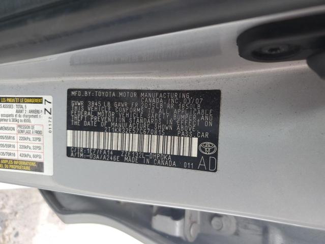 2T1KR32E57C670815 - 2007 TOYOTA COROLLA MA XR SILVER photo 12