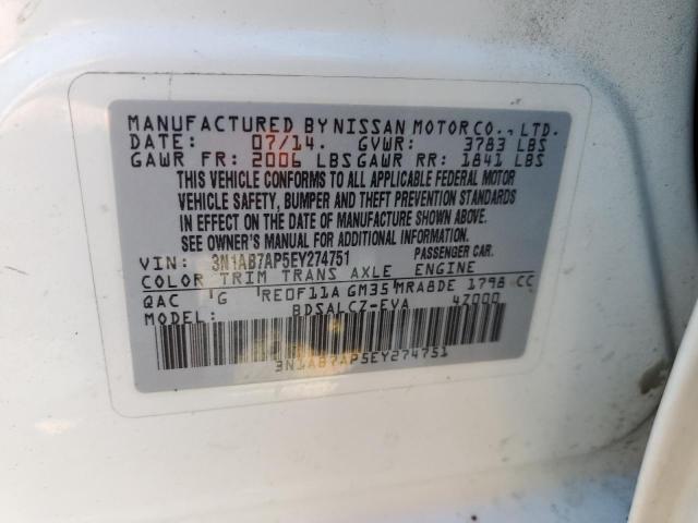 3N1AB7AP5EY274751 - 2014 NISSAN SENTRA S WHITE photo 12