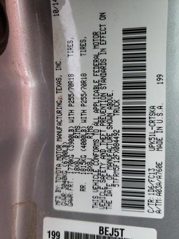 5TFRM5F12FX084492 - 2015 TOYOTA TUNDRA DOUBLE CAB SR/SR5 SILVER photo 12