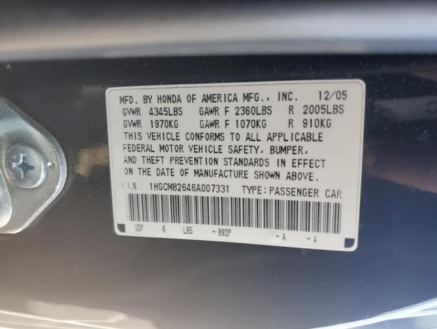 1HGCM82646A007331 - 2006 HONDA ACCORD EX BLACK photo 12