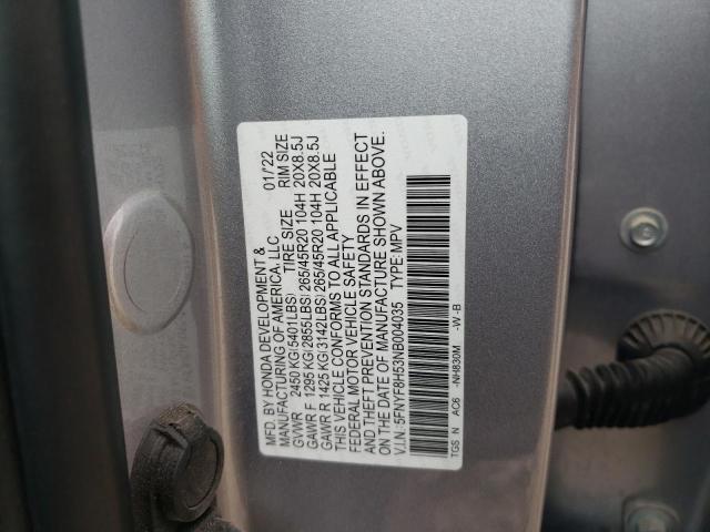 5FNYF8H53NB004035 - 2022 HONDA PASSPORT EXL ნაცრისფერი ფოტო 13