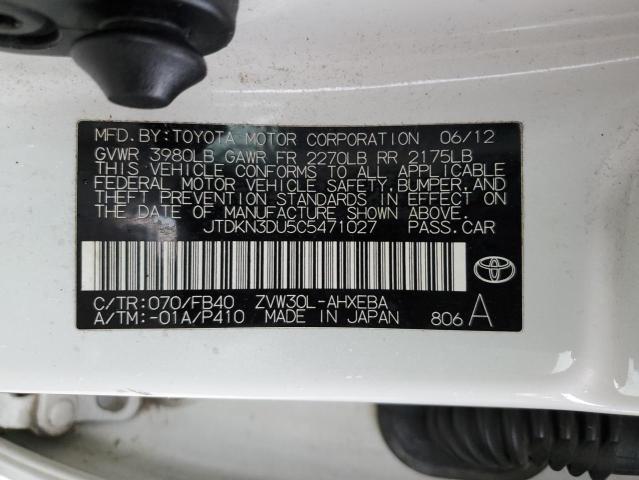JTDKN3DU5C5471027 - 2012 TOYOTA PRIUS WHITE photo 12