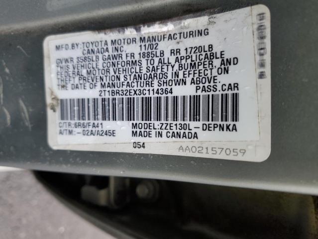 2T1BR32EX3C114364 - 2003 TOYOTA COROLLA CE GRAY photo 12